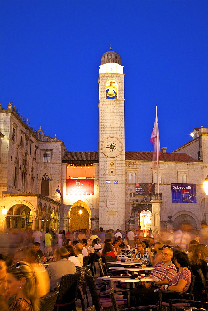 Restaurants, Clock Tower and Stradun, Dubrovnik, Croatia, Europe