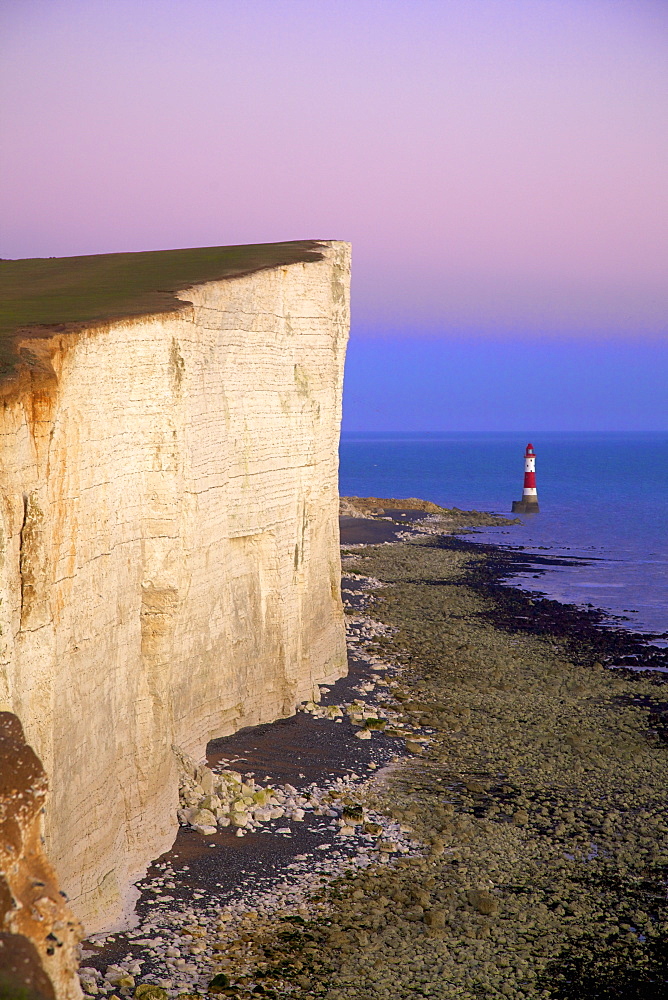 Beachy Head and Beachy Head Lighthouse at sunset, East Sussex, England, United Kingdom, Europe 