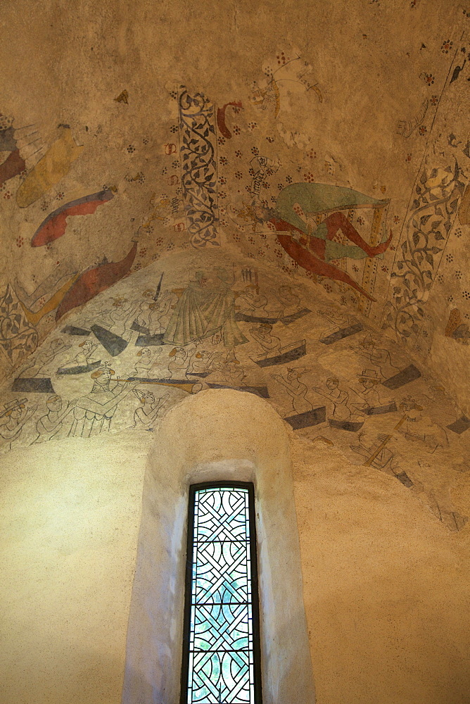 Medieval frescoes in the Fisherman's Chapel, St. Brelade's Bay, Jersey, Channel Islands, Europe 