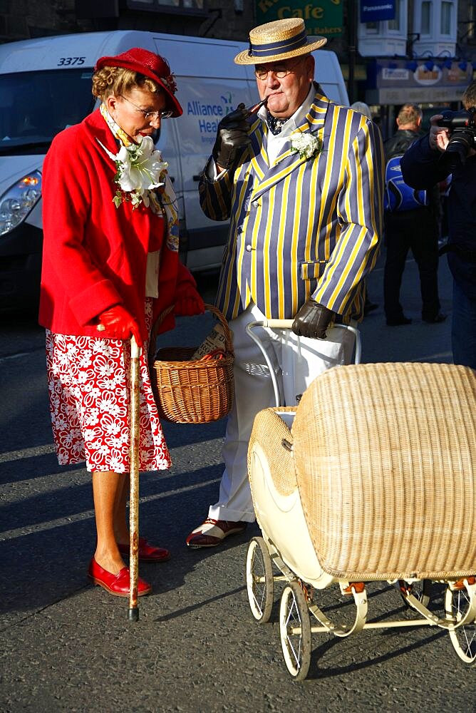 Country Lady and Gentleman with pram, Pickering, North Yorkshire, Yorkshire, England, United Kingdom, Europe