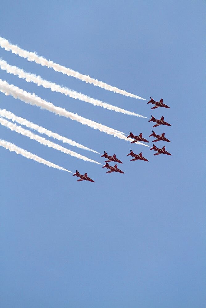 Nine Hawk T1 Jets Red Arrows, Waddington, Lincolnshire, England, United Kingdom, Europe