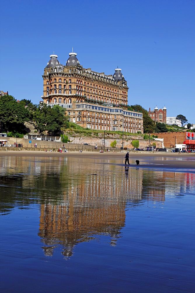 Grand Hotel and reflection, Scarborough, North Yorkshire, Yorkshire, England, United Kingdom, Europe