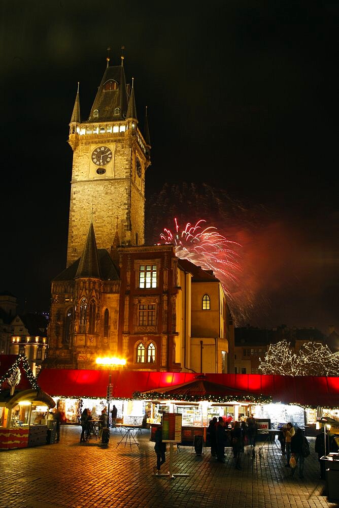 Old Town Hall and fireworks, Prague, Czech Republic, Europe