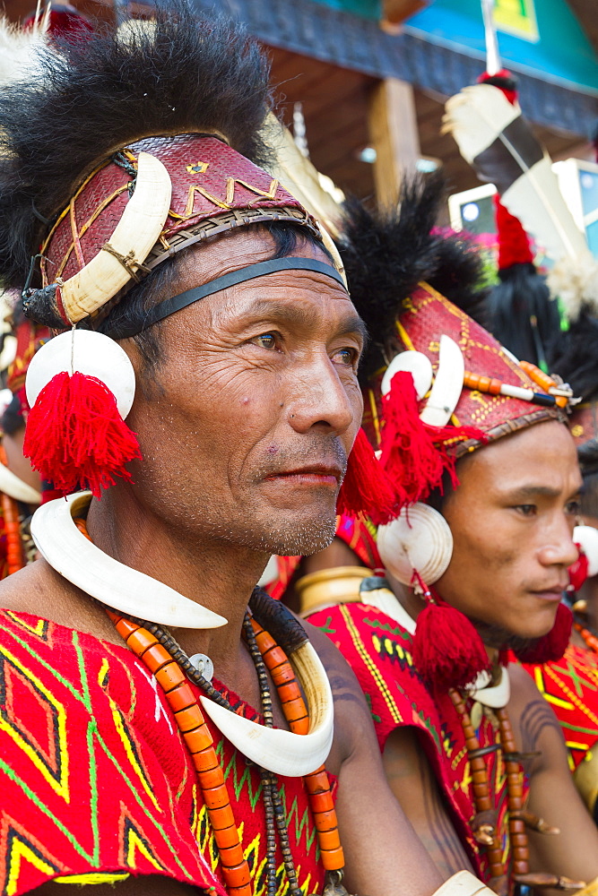 Naga tribal men in traditional clothing, Kisima Nagaland Hornbill festival, Kohima, Nagaland, India, Asia