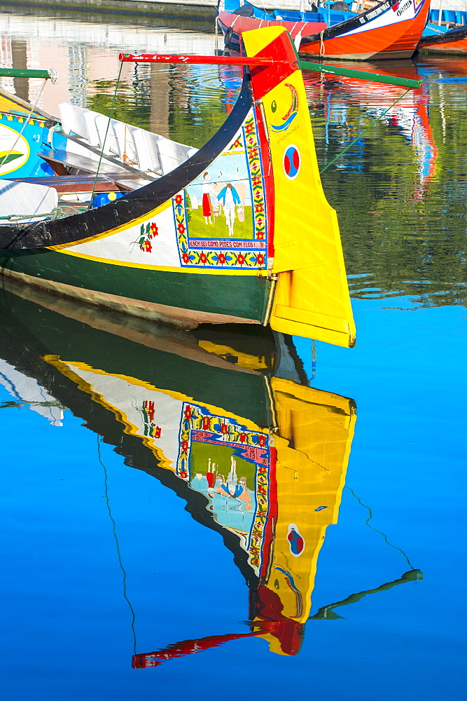 Gondola-like moliceiros boats anchored along the Central Channel, Aveiro, Beira, Portugal, Europe