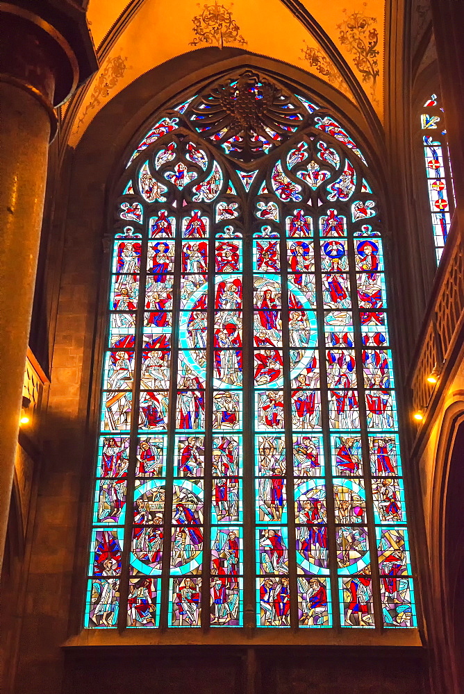 Stained-glass windows, Saint Nicholas Chapel, Aachen Cathedral, UNESCO World Heritage Site, North Rhine Westphalia, Germany, Europe