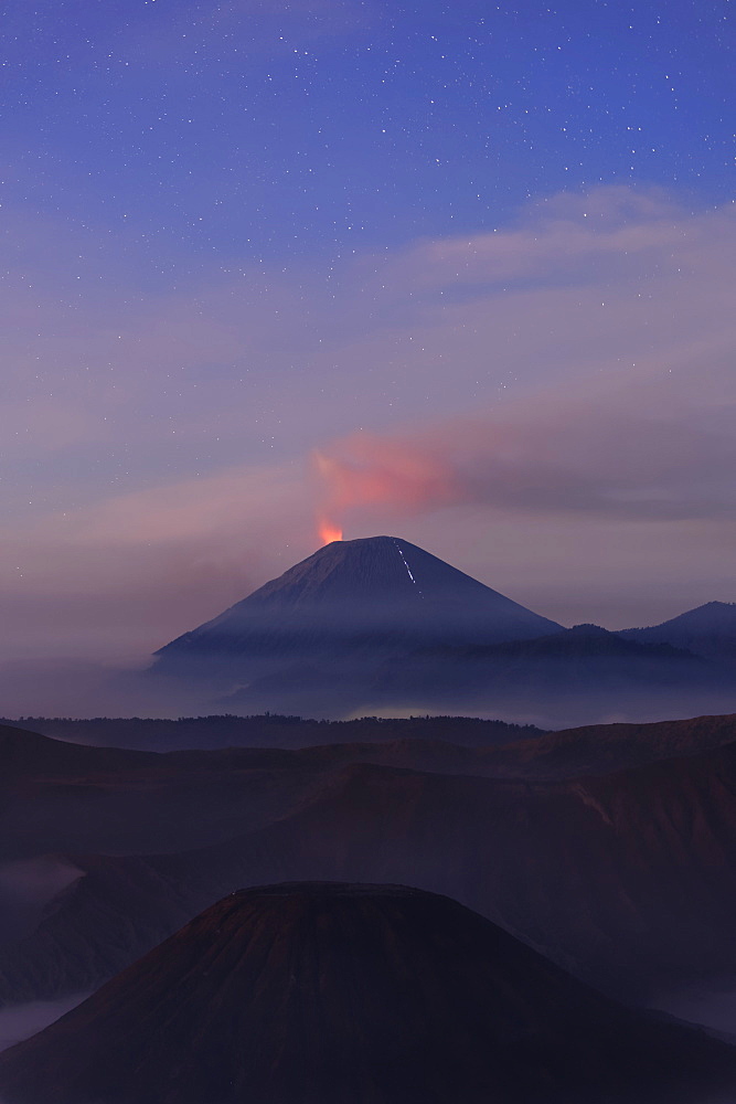 Active Gunung Bromo volcano at night, Bromo-Tengger-Semeru National Park, Java, Indonesia, Southeast Asia, Asia