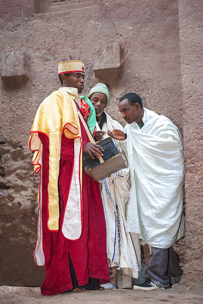 Priest holding relics from the Bete Medhane Alem Church, Lalibela, Amhara region, Northern Ethiopia, Africa 