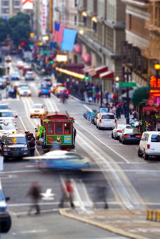 Historic street car and street scene, San Francisco, California, United States of America, North America