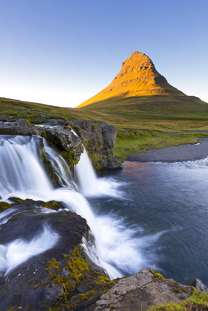 Kirkjufell Mountain and Kirkjufoss Waterfall at sunset, Snaefellsnes Peninsula, Iceland, Polar Regions