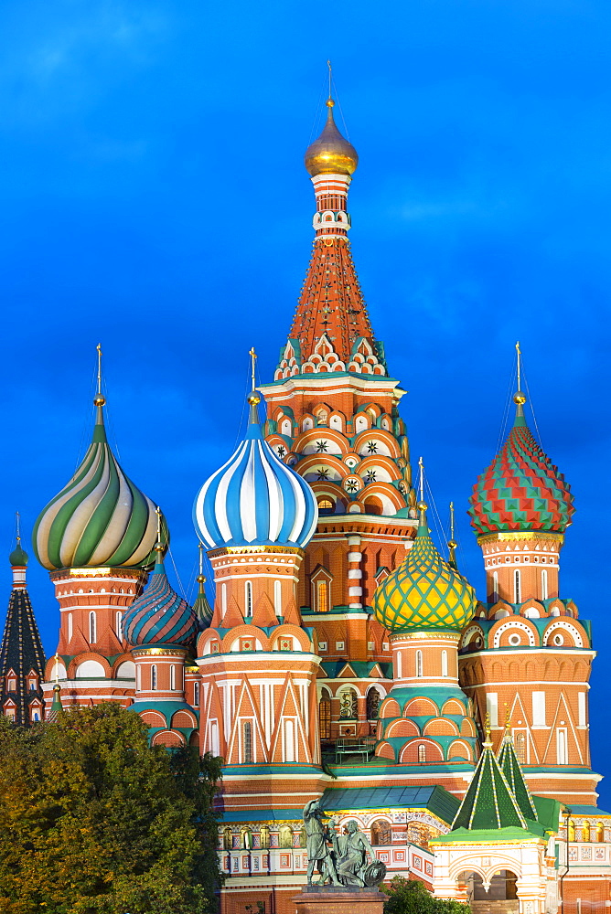 St. Basil's Cathedral lit up at night, UNESCO World Heritage Site, Moscow, Russia, Europe