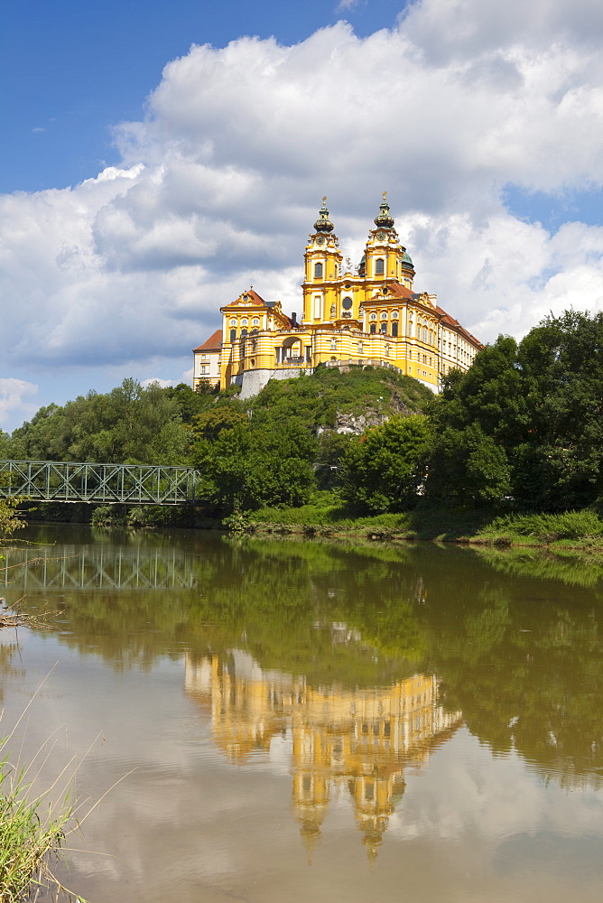 Melk Abbey reflected in the Danube, Wachau, Lower Austria, Austria