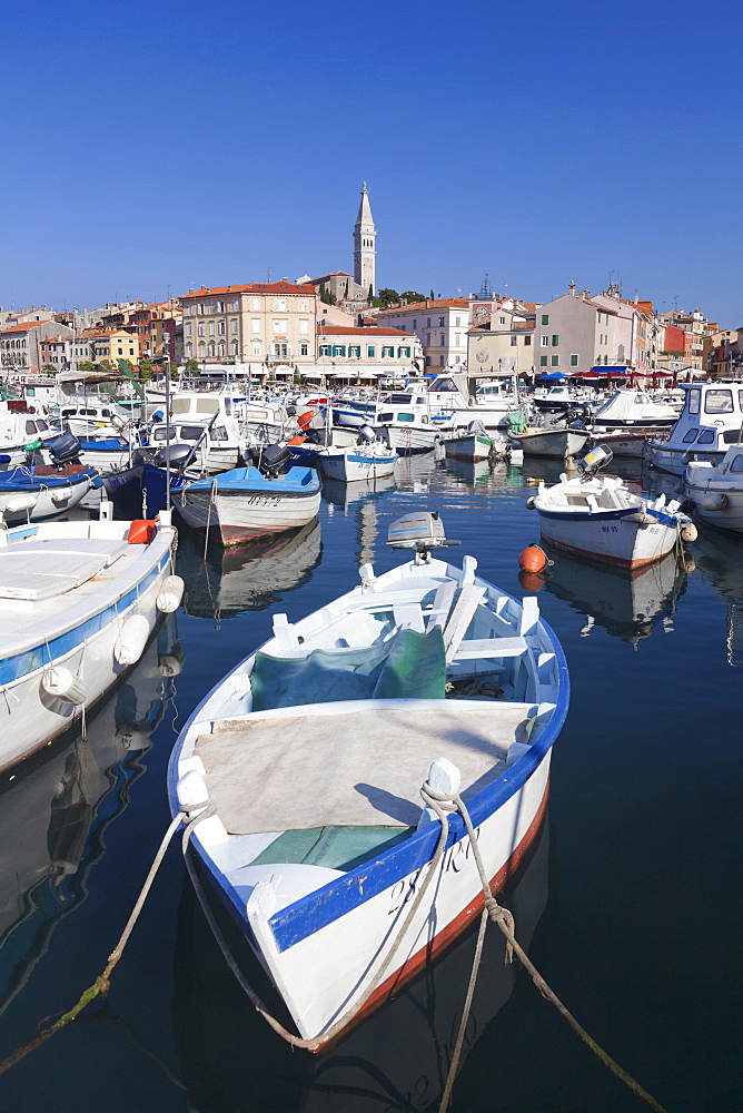 Harbour and the old town with the cathedral of St. Euphemia, Rovinj, Istria, Croatia, Adriatic, Europe