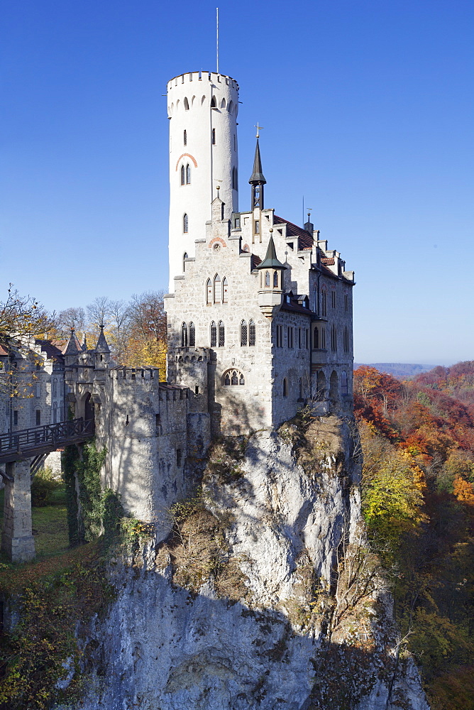 Lichtenstein Castle in autumn, Swabian Alb, Baden Wurttemberg, Germany, Europe