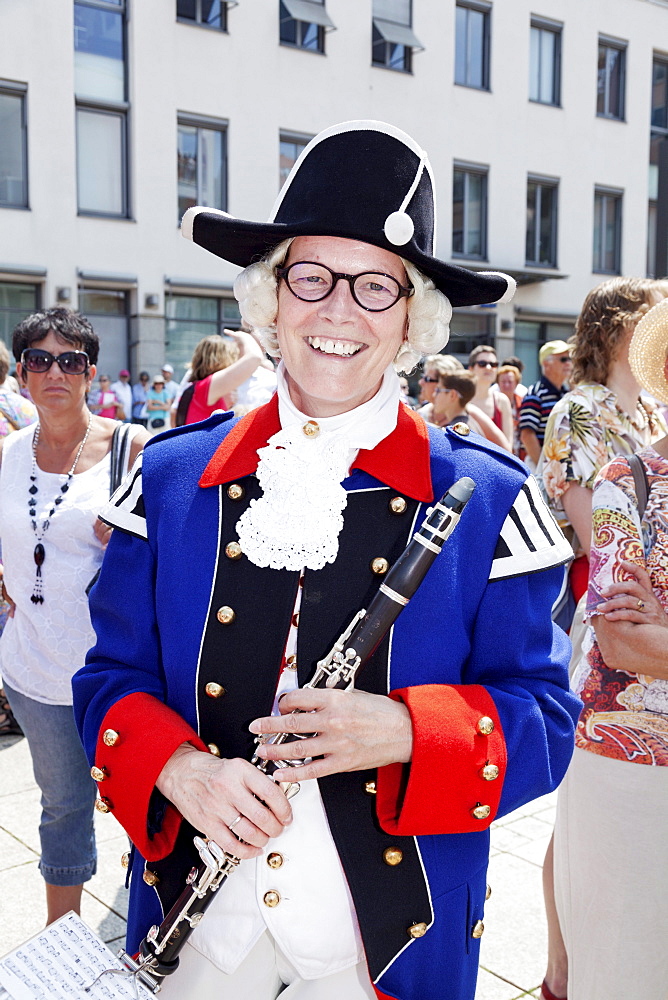 Woman of a band in historical costume at a parade, Fischerstechen, Ulm, Baden Wurttemberg, Germany, Europe