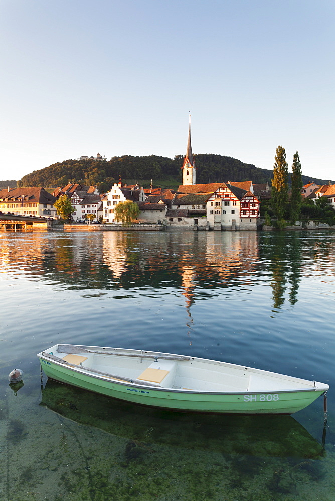 View over the Rhine River to the old town and St. Georgen monastery, Stein am Rhein, Canton Schaffhausen, Switzerland, Europe