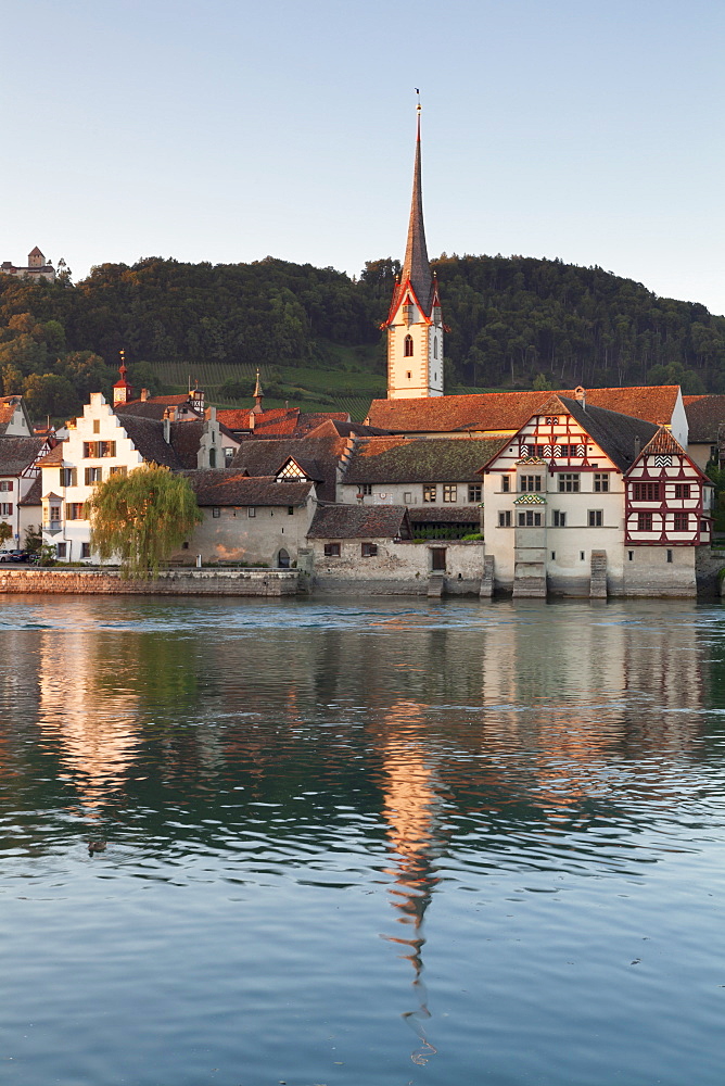 View over the Rhine River to the old town and St. Georgen monastery, Stein am Rhein, Canton Schaffhausen, Switzerland, Europe