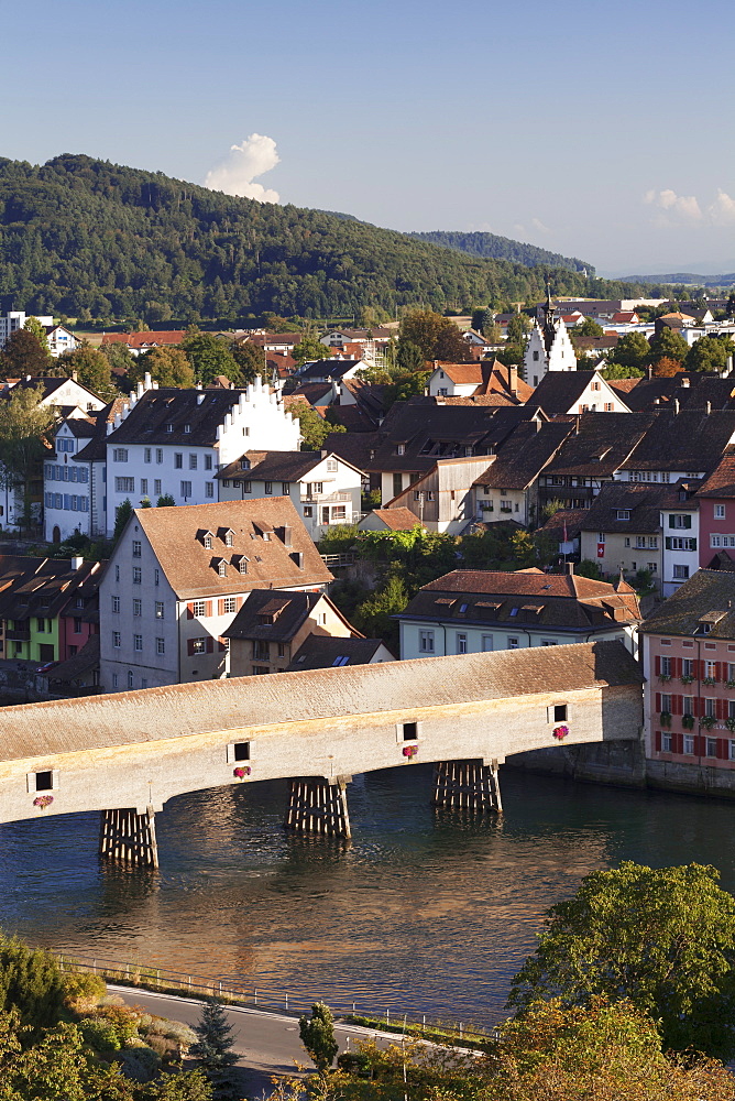 View over Diessenhofen with historic wooden bridge, Canton Schaffhausen, Switzerland, Europe