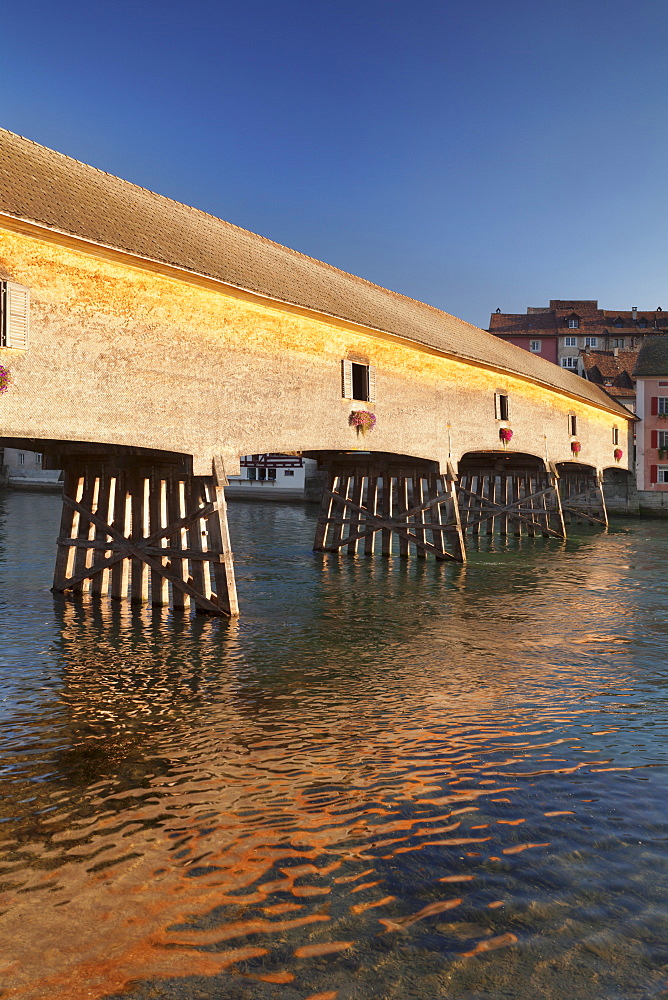 Historic wooden bridge over the Rhine River, Diessenhofen, Canton Schaffhausen, Switzerland, Europe