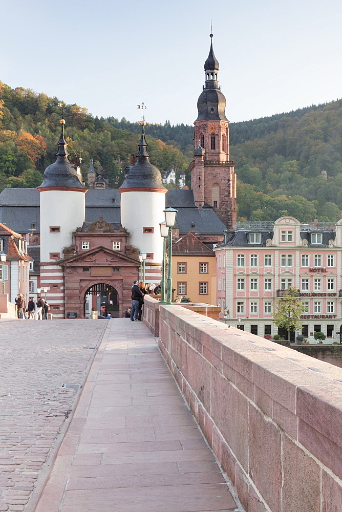 Karl Theodor Bridge with Stadttor gate and Heilig Geist Church, Heidelberg, Baden Wurttemberg, Germany, Europe