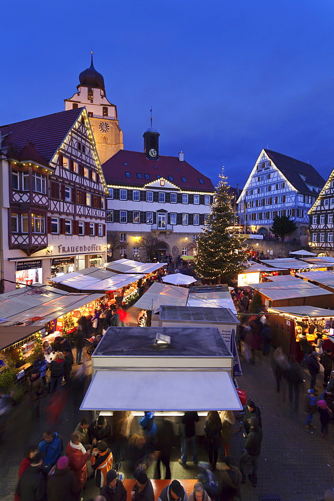 Christmas Fair in the Market Place with Stiftskirche Church, Herrenberg, Boblingen District, Baden Wurttemberg, Germany, Europe