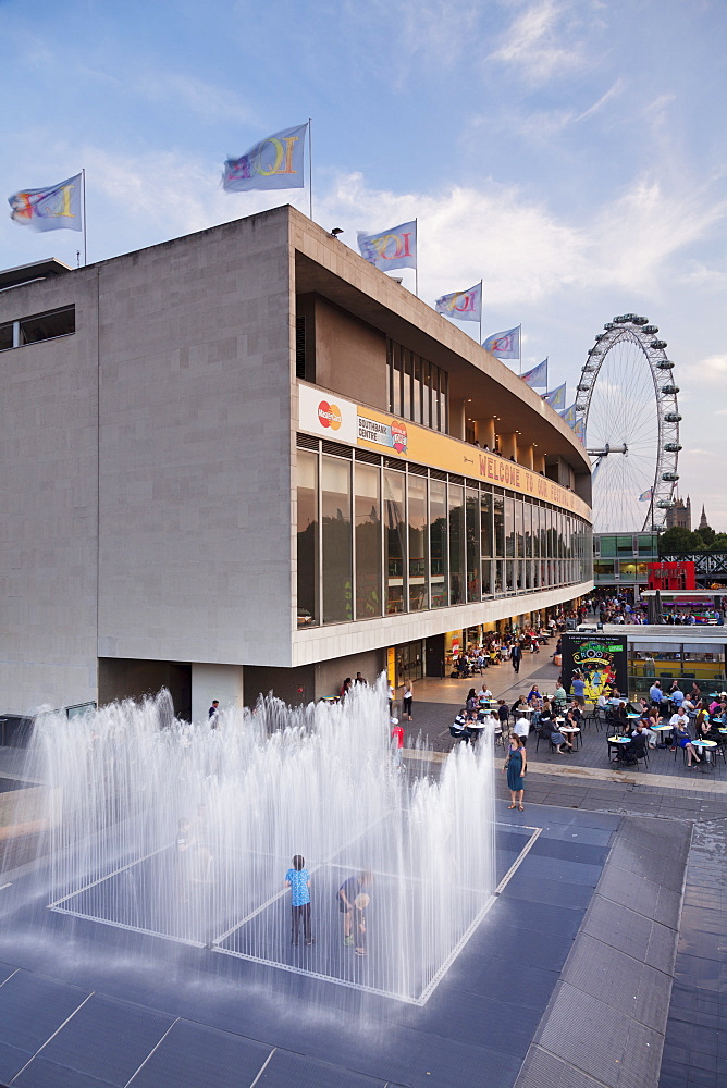 Royal Festival Hall, cafe and London Eye behind, London, England, United Kingdom, Europe