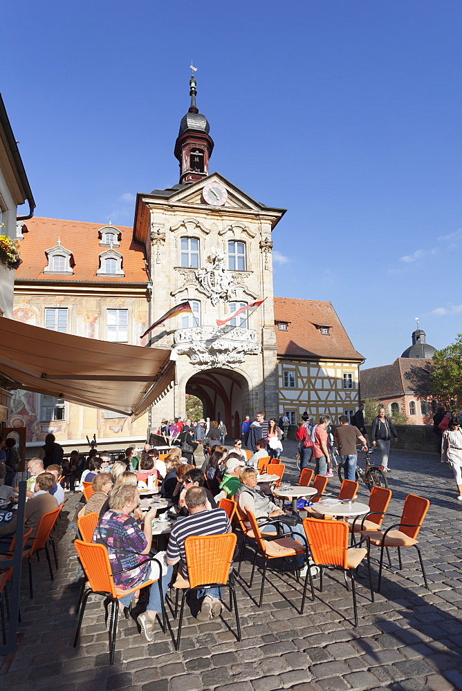 Street cafe, Old Town Hall, UNESCO World Heritage Site, Bamberg, Franconia, Bavaria, Germany, Europe