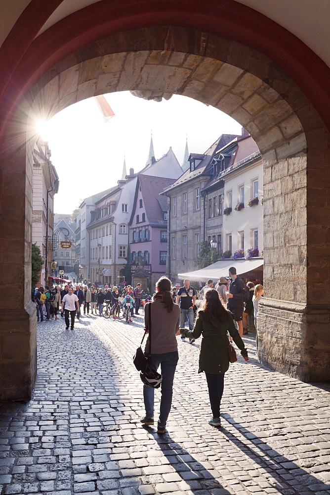 View from Old Town Hall to Karolinenstrasse Street, UNESCO World Heritage Site, Bamberg, Franconia, Bavaria, Germany, Europe