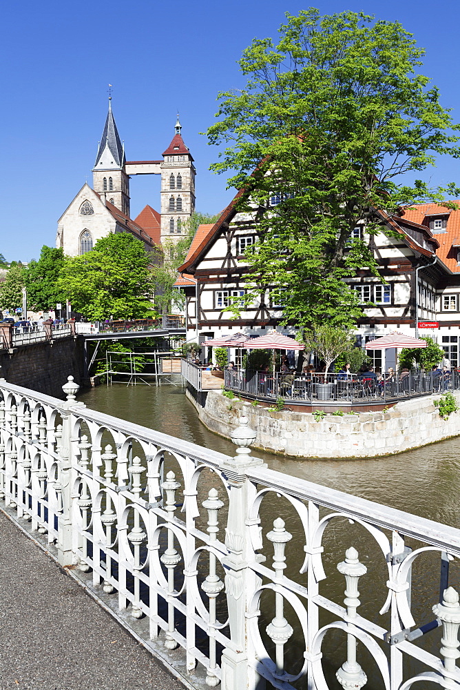 View over Wehrneckarkanal Chanel to St. Dionysius church (Stadtkirche St. Dionys), Esslingen (Esslingen-am-Neckar), Baden-Wurttemberg, Germany, Europe