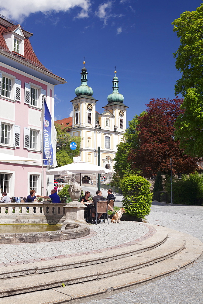 Street cafe, St. Johann Church, Donaueschingen, Black Forest, Baden Wurttemberg, Germany, Europe