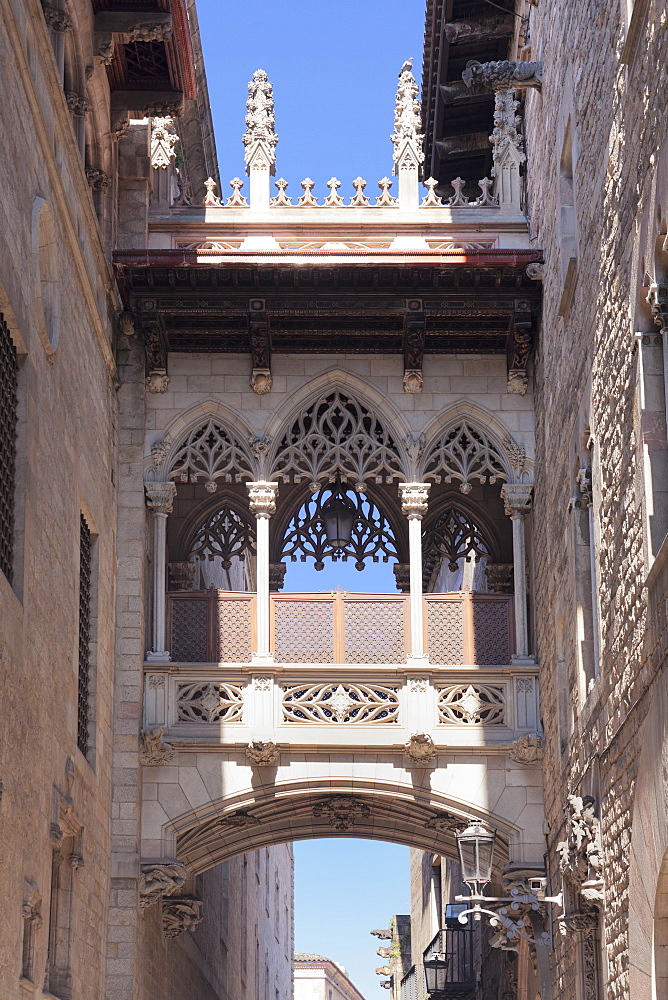 Pont del Bispe, bridge over Carrer del Bispe street, Palau de la Generalitat, Barri Gotic, Barcelona, Catalonia, Spain, Europe