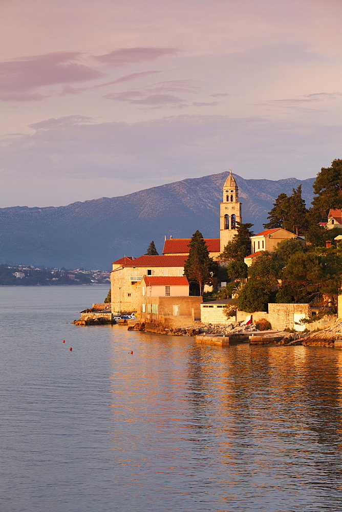 Church in evening light, near Korcula Town, Korcula Island, Dalmatia, Croatia, Europe 