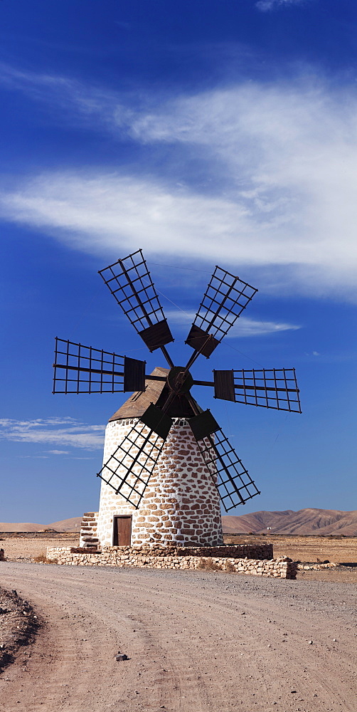 Panoramic image of a windmill, Tefia, Fuerteventura, Canary Islands, Spain, Atlantic, Europe 