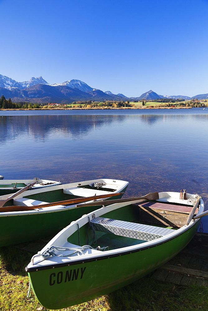 Rowing boats on Hopfensee Lake, near Fussen, Allgau, Bavaria, Germany, Europe