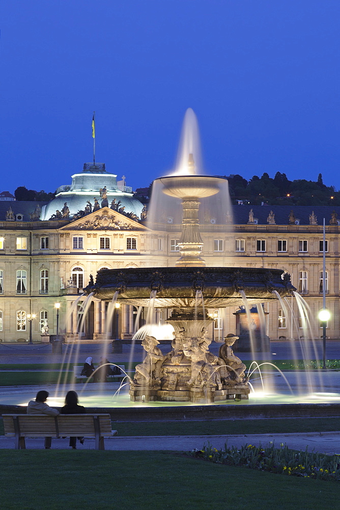 Neues Schloss castle and fountain at Schlossplatz Square, Stuttgart, Baden Wurttemberg, Germany, Europe 