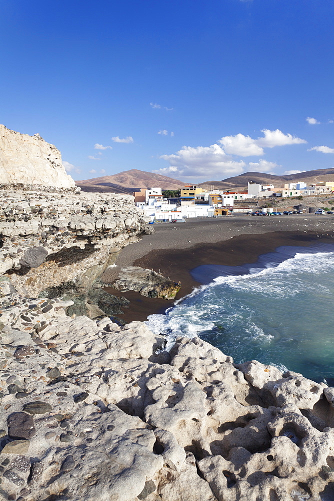 View from the limestone terraces to the fishing village, Ajuy, Fuerteventura, Canary Islands, Spain, Atlantic, Europe 