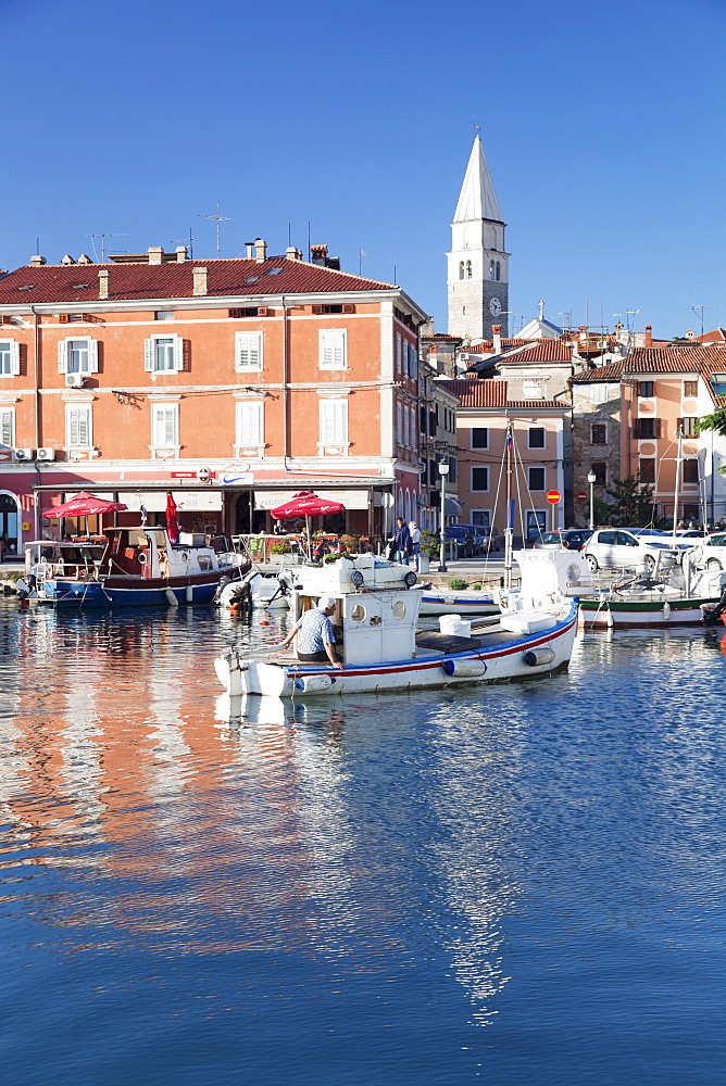 Old town and the harbour with fishing boats, Izola, Primorska, Istria, Slovenia, Europe