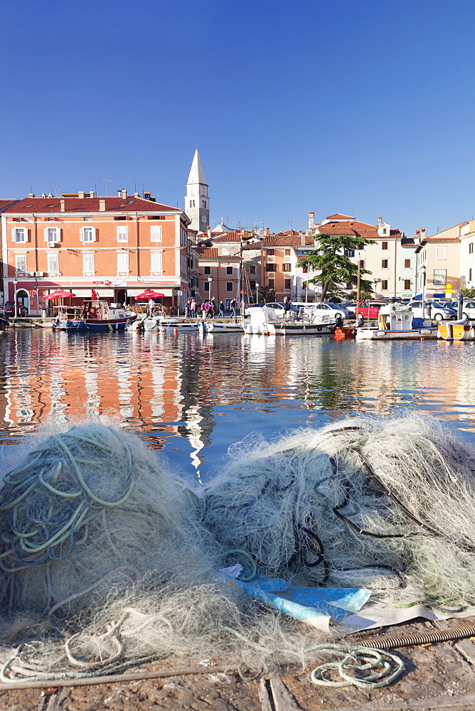 Old town and the harbour with fishing boats, Izola, Primorska, Istria, Slovenia, Europe 