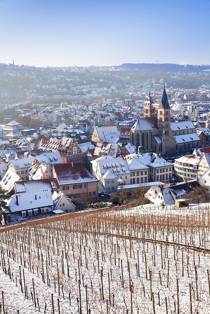 High angle view of the old town of Esslingen in winter, Baden Wurttemberg, Germany, Europe 