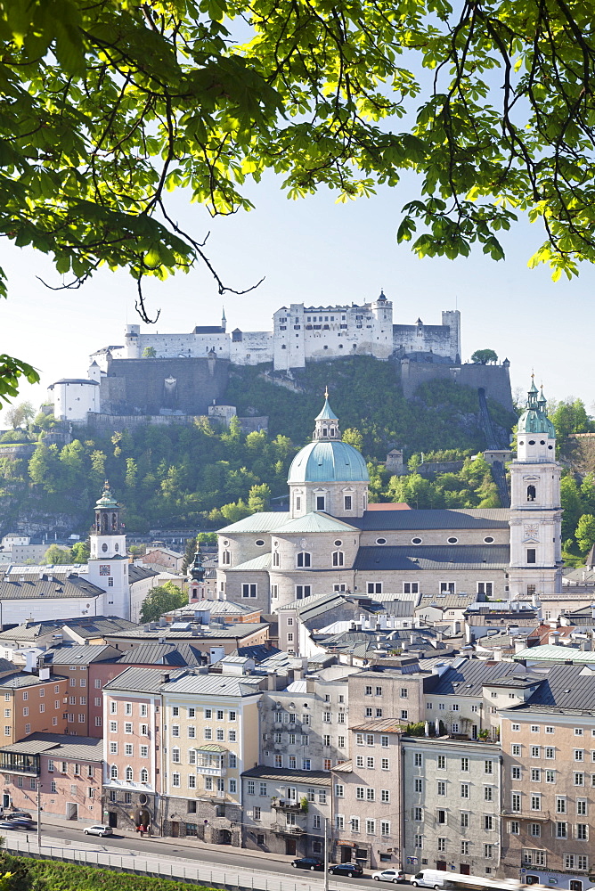 High angle view of the Old Town, UNESCO World Heritage Site, with Hohensalzburg Fortress, Dom Cathedral and Kappuzinerkirche Church, Salzburg, Salzburger Land, Austria, Europe 