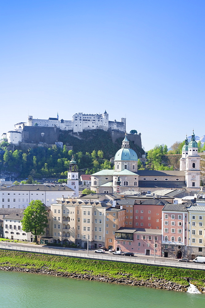 High angle view of the Old Town, UNESCO World Heritage Site, with Hohensalzburg Fortress, Dom Cathedral and Kappuzinerkirche Church, Salzburg, Salzburger Land, Austria, Europe 