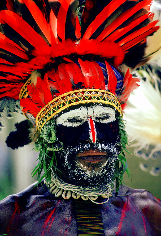 Bearded tribesman wearing war paints and feathered headdress during  a gathering of tribes at Mount Hagen in Papua New Guinea