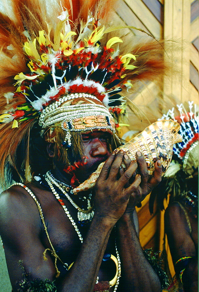 Bearded tribesman wearing war paints and feathered headdress during  a gathering of tribes at Mount Hagen in Papua New Guinea