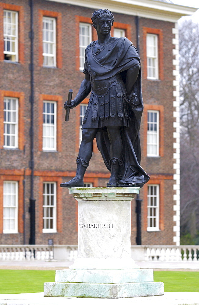 A statue outside the Royal Hospital Chelsea, London. The plinth reads 'Charles II'