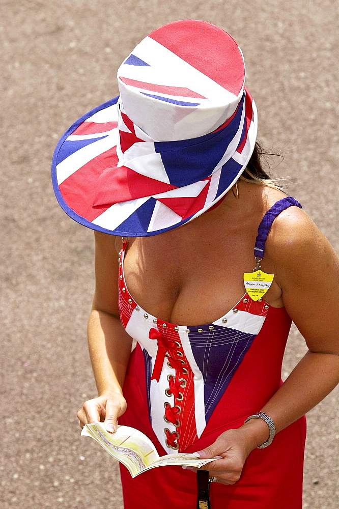 Royal Ascot fashions, Union Jack flag outfit and hat at Ascot Races on the first day