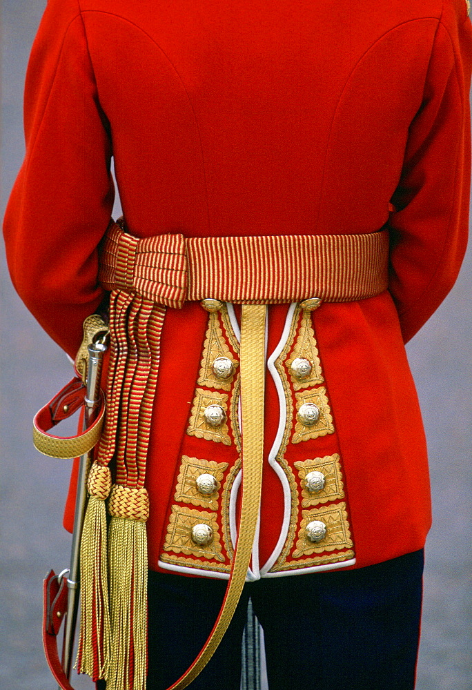 A back view of the Irish Guards uniform worn on parade in London, UK