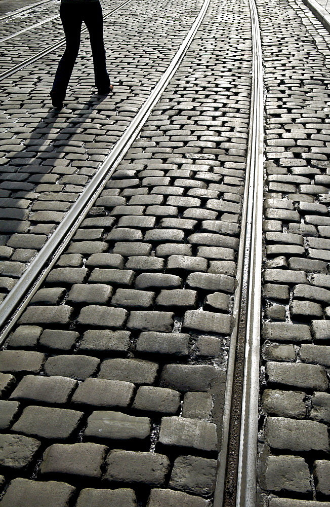 Tram tracks in Korenmarkt, Ghent, Belgium