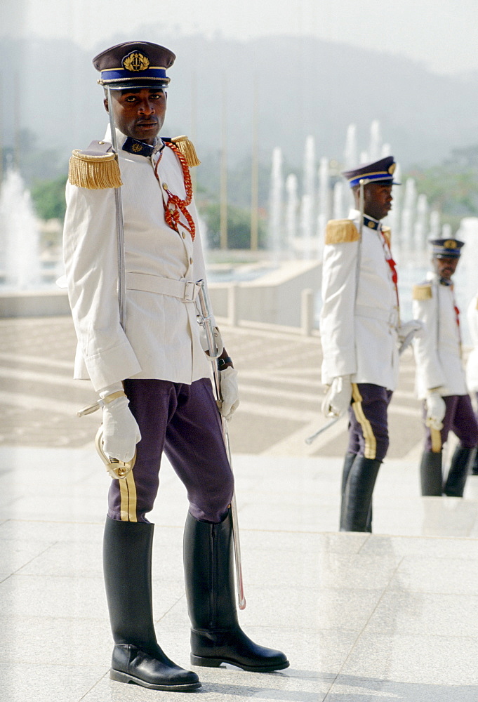 Presidential guard soldiers in ceremonial uniform with swords in Cameroon, West Africa