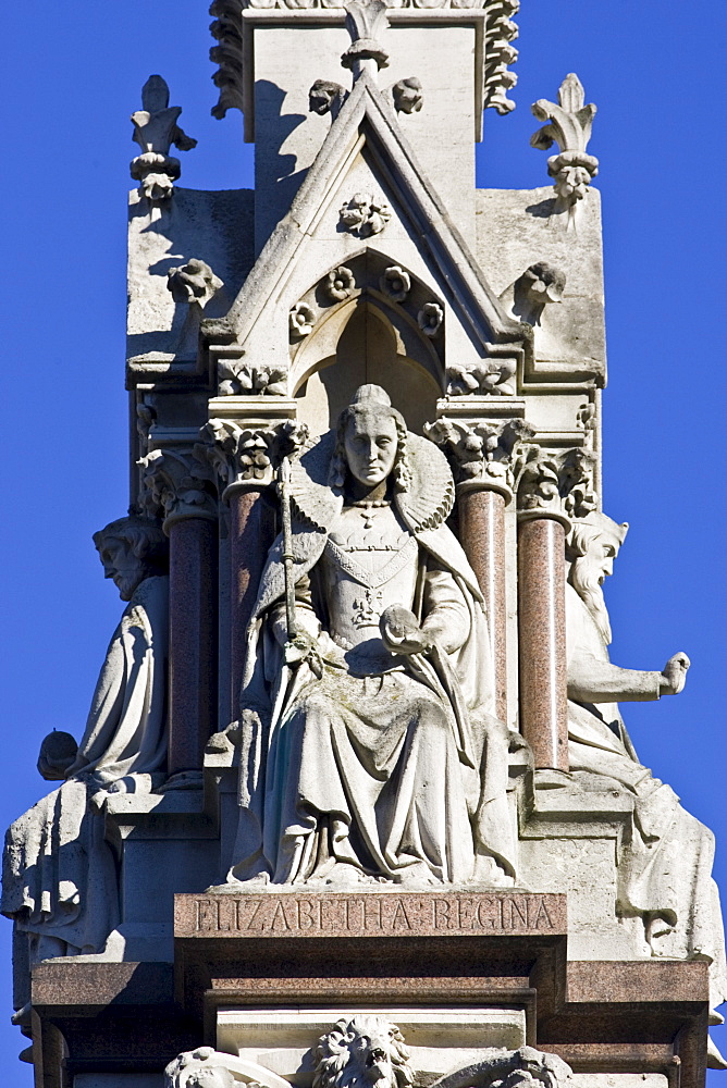 Queen Elizabeth I statue on Westminster School Memorial outside Westminster Abbey, London, United Kingdom