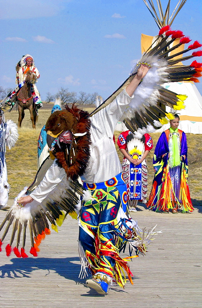 Canadian Plains Indians at cultural display at Wanuskewin Heritage Park in Saskatoon, Canada